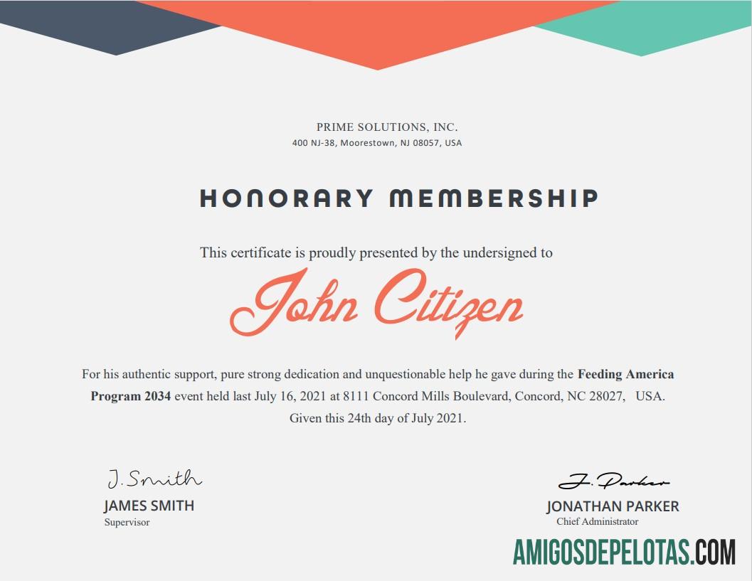 Certificado Honorário dos EUA amostra